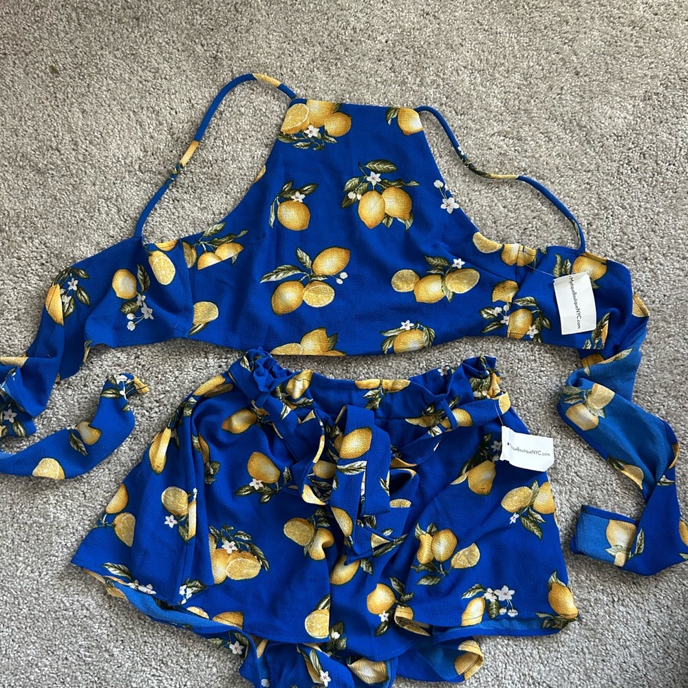 NWT Blue Lemon Print Halter Top and Shorts Set